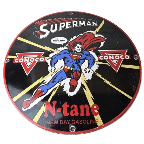 Vintage Conoco Gasoline Sign - Superman Comic Book Hero Porcelain Gas Pump Sign