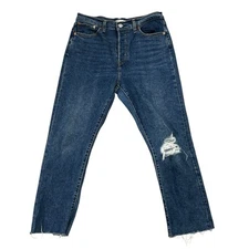 Levis Wedgie Straight Jeans Women's 31 Frayed Hem Button Fly 26" Inseam Blue