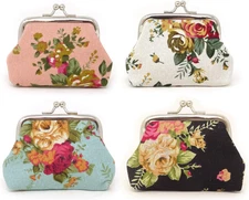 Honbay 4PCS Canvas Floral Rose Flower Coin Purse Kiss Lock Change Purse Vintage