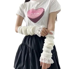 Y2K Women Teens Knit Lace Arm Warmers Japanese Harajuke Cosplay Lolita White