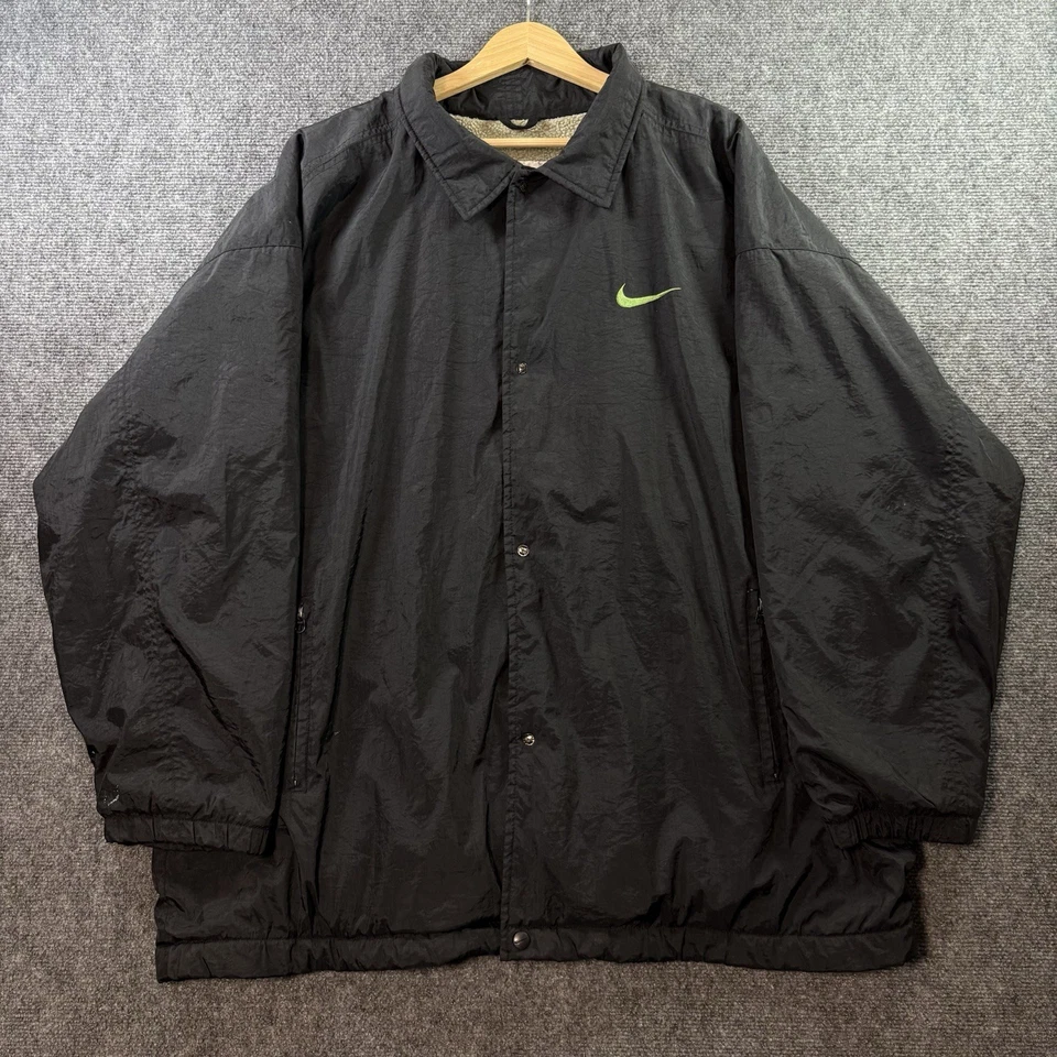 Винтажный Nike шерпа с подкладкой куртка мужская XL черный зеленый кнопка вверх вышитый с надписью - Изображение 2 из 4