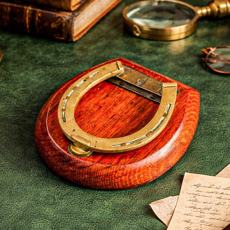 Victorian brass desk clip mounted on a horseshoe-and-shield equestrian wood plaque — pure English country-house drama for your desktop.