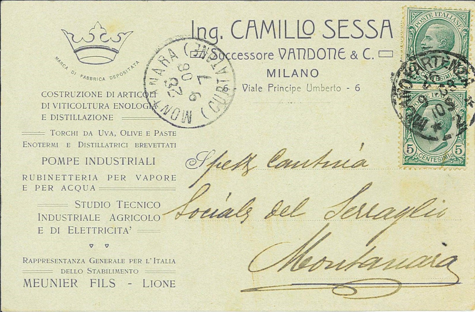 Cartolina pubbl. Ing. CAMILLO SESSA, Pompe Industriali. Milano, 1906