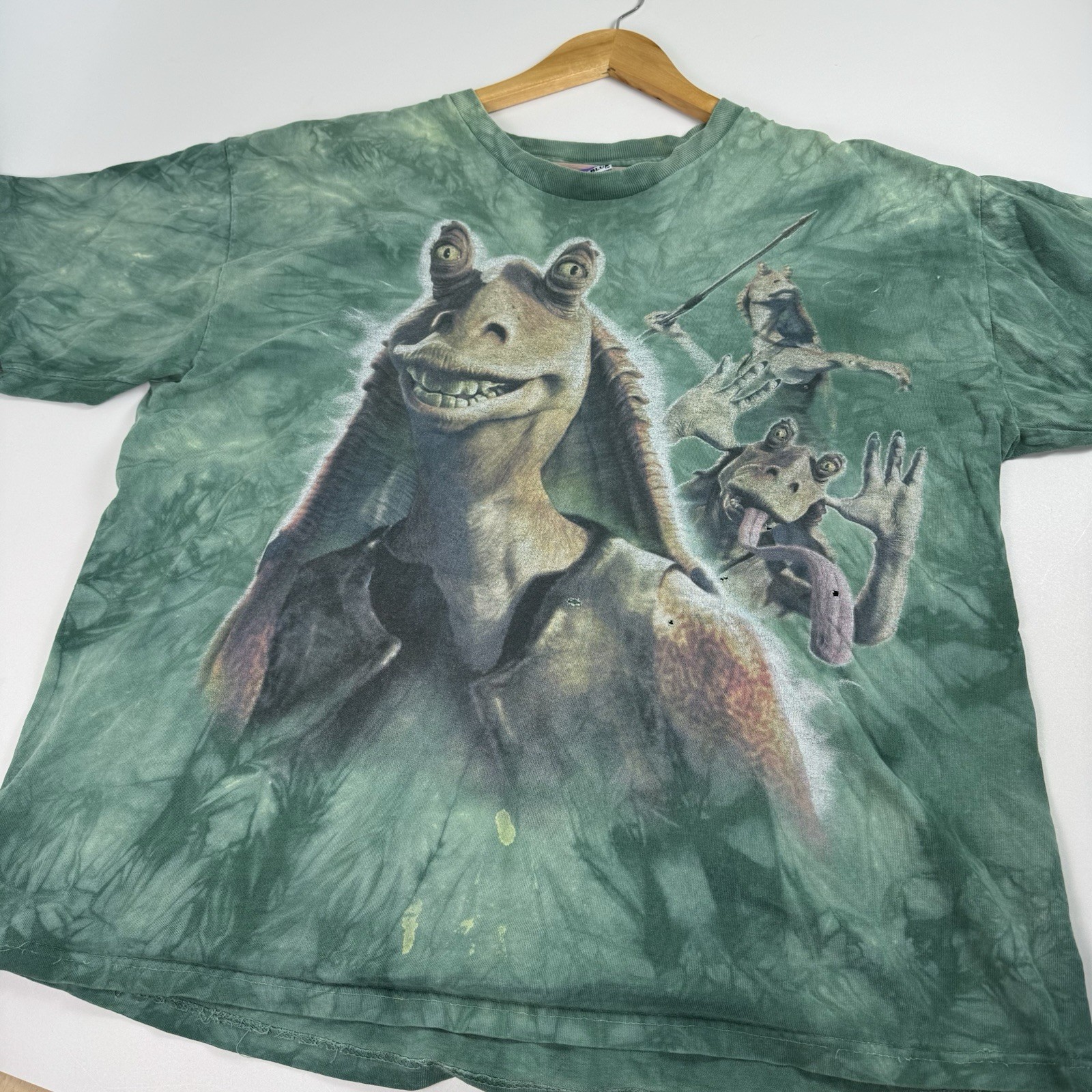 Vintage Jar Jar Binks Liquid Blue Shirt RARE green Tie Dye Star Wars 90s XL image 3