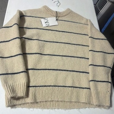 ZARA Unisex Kids Knit Striped Pullover Sweater Beige Navy Size 11-12 Long Sleeve