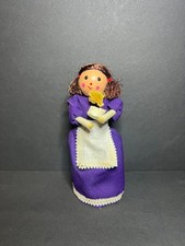 Vintage Handmade Farmhouse Folk Art Brunette Doll w/ Purple Dress  Flower 5"