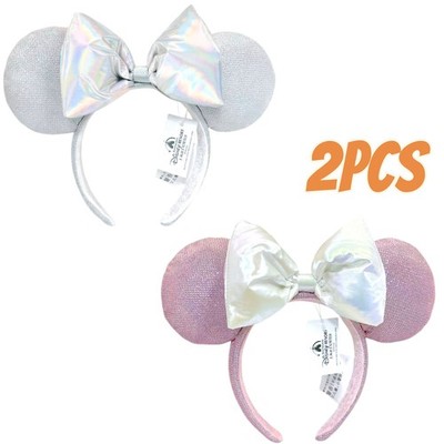 Tokyo Japan Disney-Parks Silver+Pink White ribbon Bow Minnie Mouse Headband 2PCS