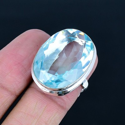 Swiss Blue Topaz 925 Sterling Silver Oval Gemstone Gift Adjustable Ring AAB 1202