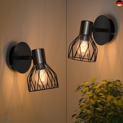 IDEGU 2 Stück Wandleuchten Vintage Wandlampe Innen Industrie Lampe Metall Käfig Lampenschirm Schwarz Verstellbare Deckenleuchte Wandleuchte Für Schlafzimmer Küche Flur Wohnzimmer (Messing Fassung