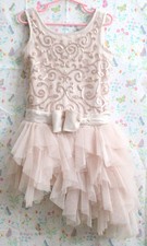 Biscotti Girls 5 Pink Neutral Sequin Dress w/ Asymmetrical Layered Tulle Hem EUC
