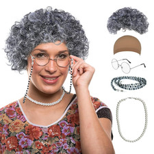 Old Lady Wig Costume Set 5Pc Gray Wig, Glasses, Pearl Necklace, Cap, Chain