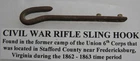 Dug Sling or Sword Belt Hook, 6th Corps Camp, Stafford VA