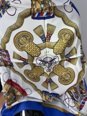 Hermès 90 blue silk Carré scarf  ''Les Tambours'' design. Excellent Cond with Box