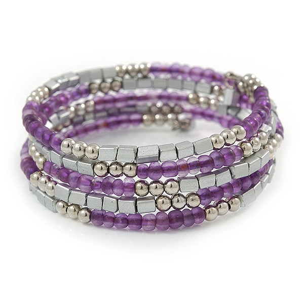 Purple Glass Silver Acrylic Bead Multistrand Coiled Flex Bracelet Bangle -
