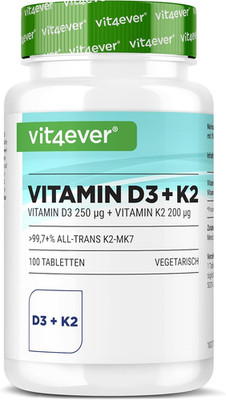 Vit4Ever Vitamin D3 10.000 I.E + Vitamin K2 200 Μg MK7 Depot - 100 Tabletten - H