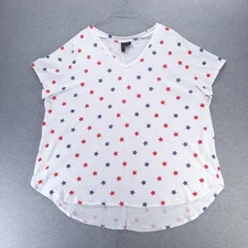 Cynthia Rowley Shirt Womens 3X White Red Blue Star Print V Neck Plus Size Cotton