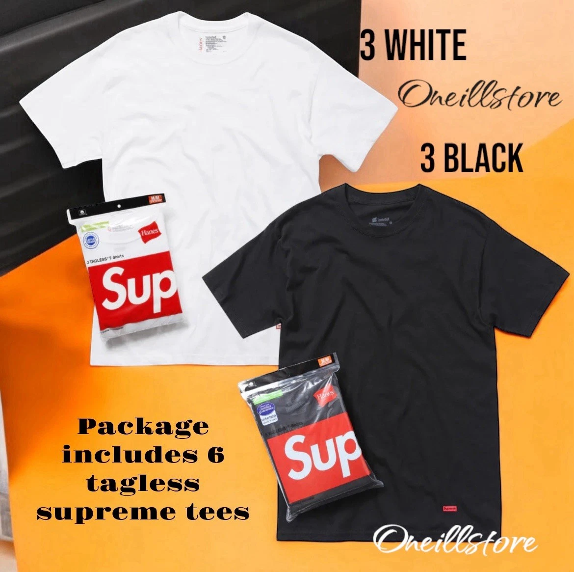 (Grand) 2x T shirt noir et blanc neuf pack de 3 t shirts sans étiquette Supreme x Hanes