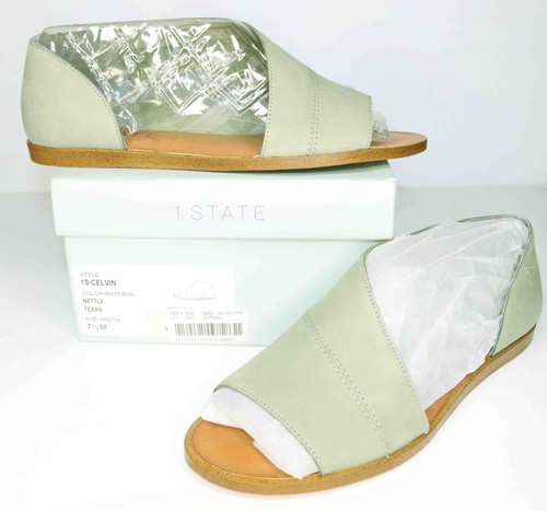 1.State Celvin Green Leather Flat Open Toe Slip On Sandals Womens Size 7.5 M