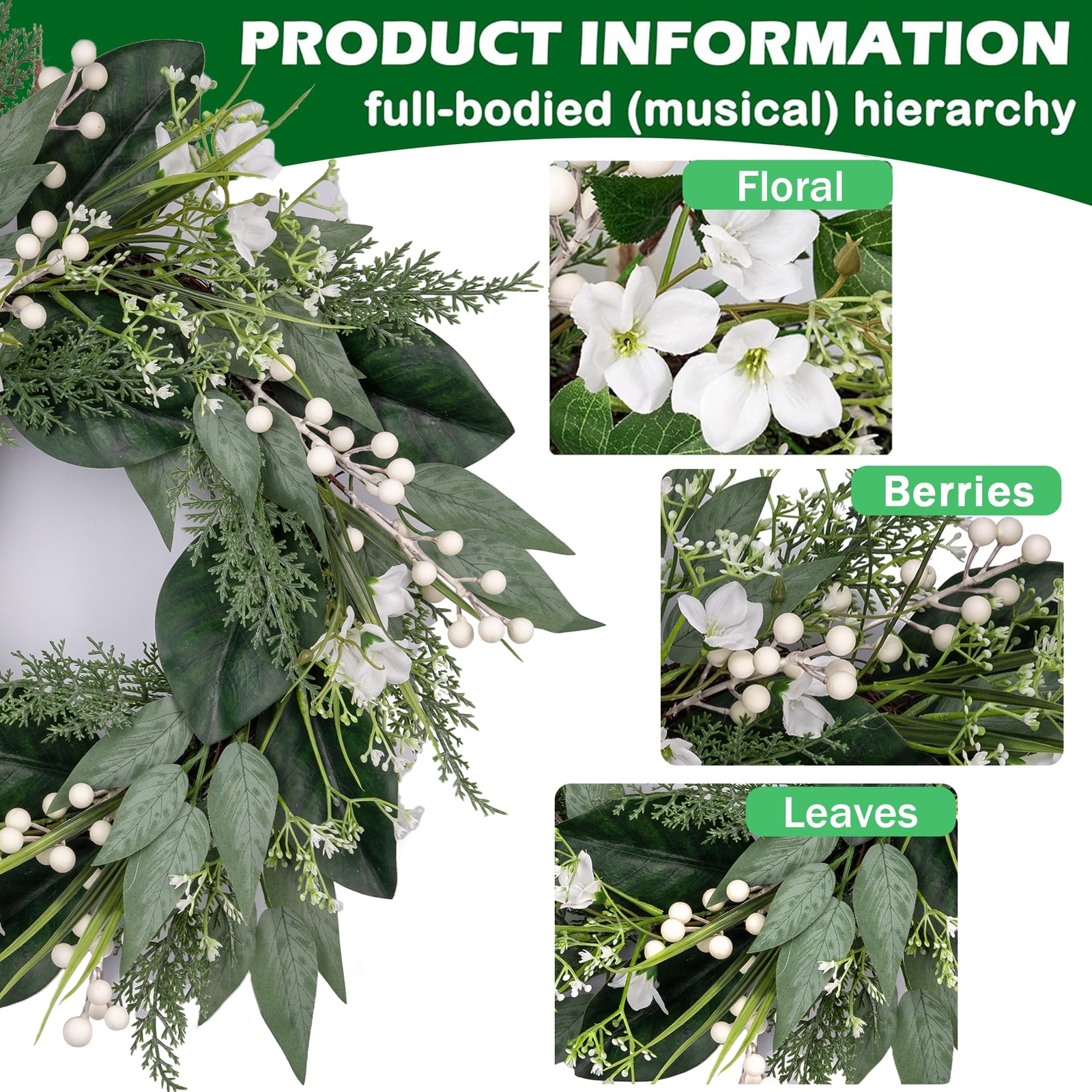 20 inch Spring Wreaths for Front Door with White Berries Green Wreath ...