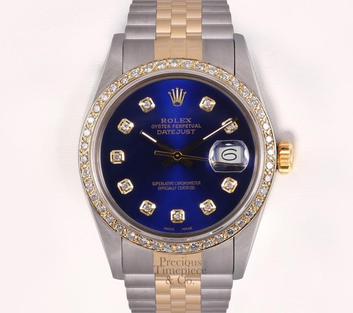 Rolex Datejust Two Tone Gold/SS 36mm 18k Diamond Bezel-Blue Diamond Dial Watch - Picture 2 of 6