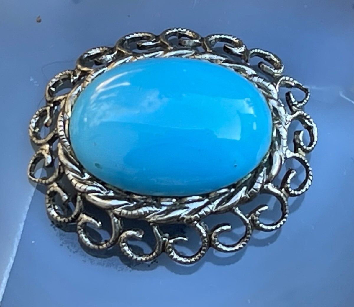 Vintage Ornate Silver-Tone Blue Oval Cabochon Domed Center  display picture 3