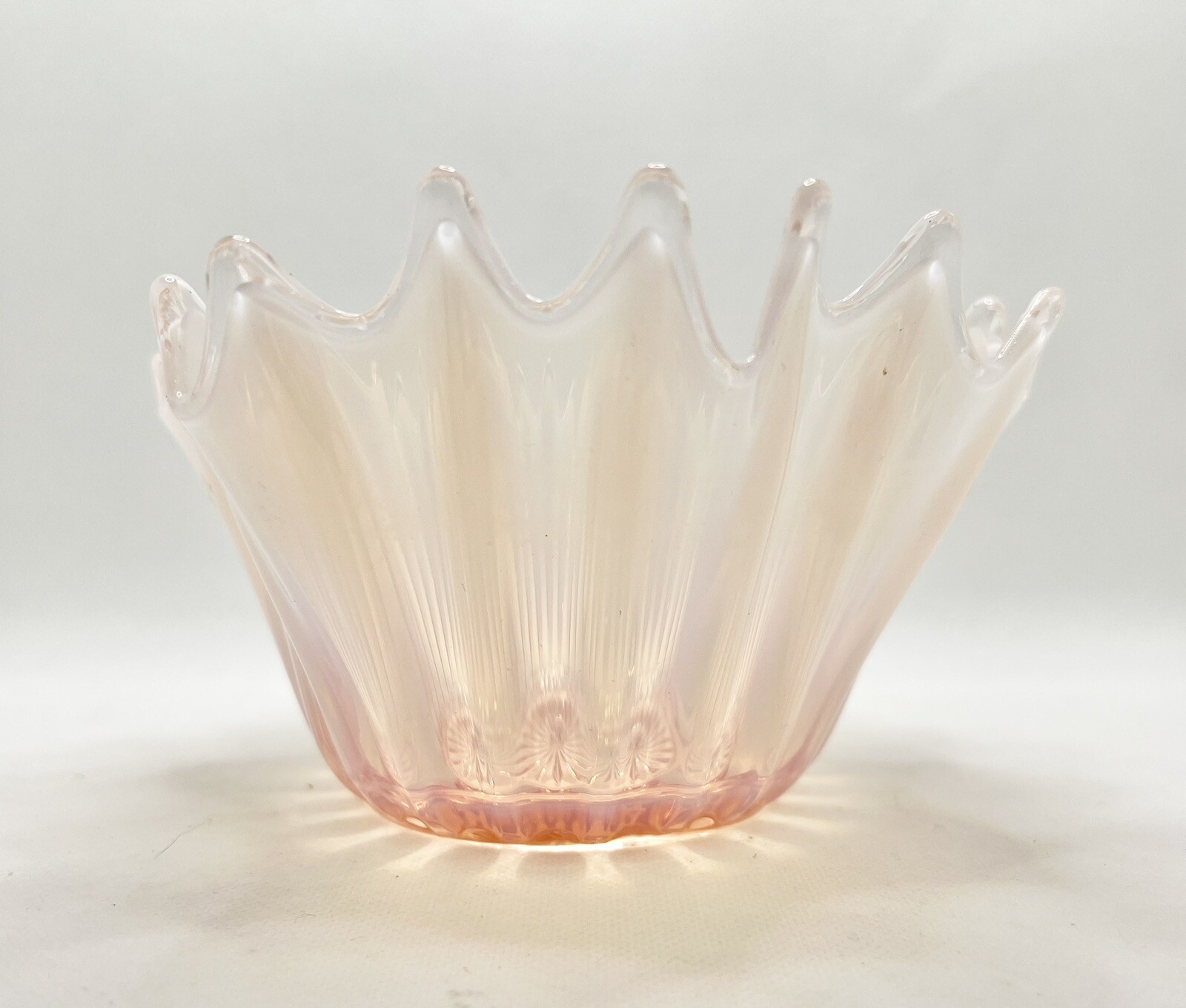 Vintage Fostoria Heirloom pink opalescent White Crimped Fluted Glass