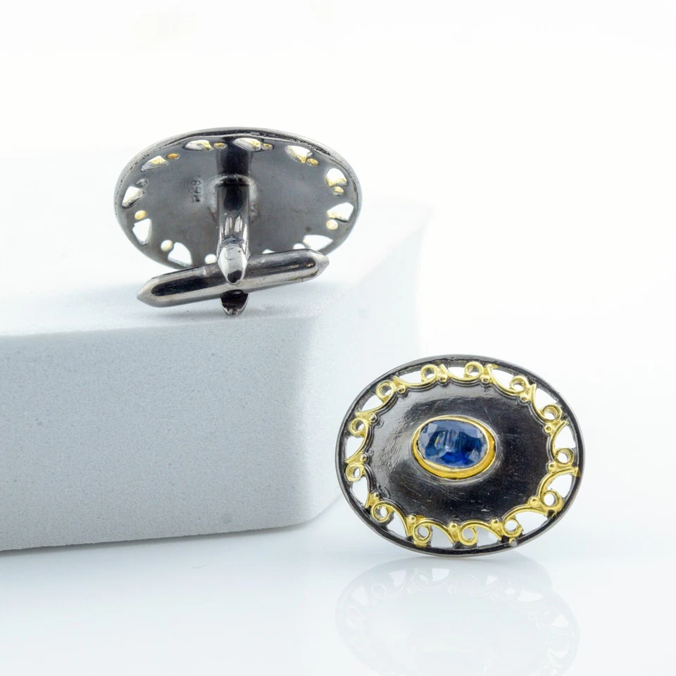 Gemelos de piedras preciosas de cianita enchapados en oro de plata de ley 925 joyería regalo para abuelo Foto 2 de 4