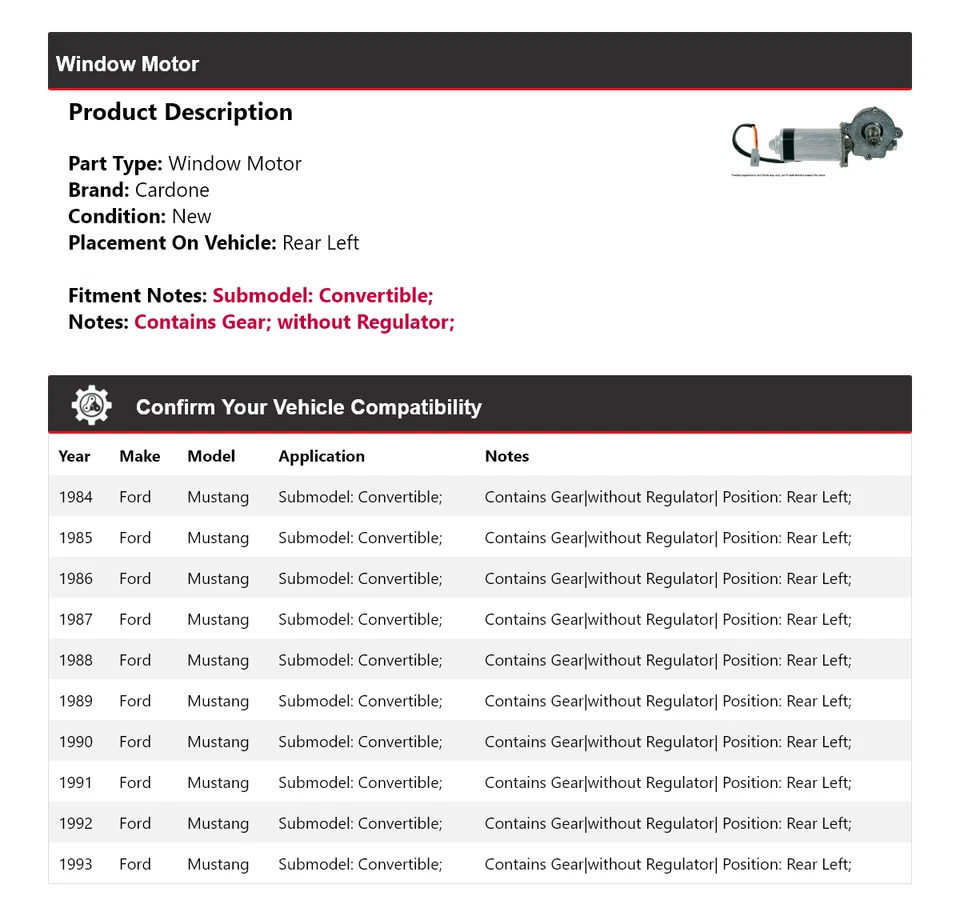 Motor de ventana trasero izquierdo cardone 1985 1986 convertible Ford Mustang 1984-1993 Foto 2 de 4