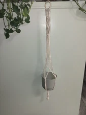 MACRAME Plant Hanger - Off-White w/ Tan Wooden Beads - 41" Long - Handmade 