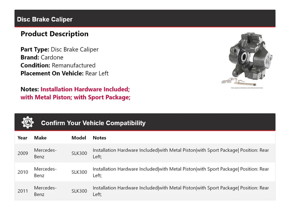 Pinza de freno de disco trasera izquierda cardone 2010 para Mercedes-Benz SLK300 2009-2011 Foto 2 de 4