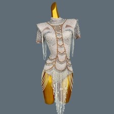 White Beaded Pearls Leotard Nightclub Dancer Performance Drag Queen Stage Wear