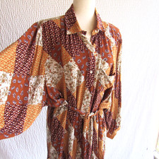 Patchwork Tunic Top Dress M Funky Full Sleeves Belt Oversized Loose Colorful Vtg