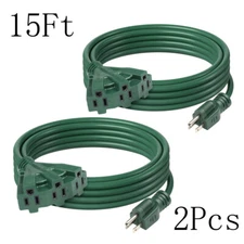 BN-LINK 2 Pack 15 ft 3 Outlet Lawn & Garden Outdoor Extension Cord 16/3 SJTW