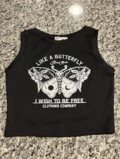 Romwe “Like A Butterfly I Wish To Be Free” Sz S Black Crop Tank