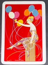EN267 Swap Playing Cards 1 VINTAGE ENGLISH NAMED DECO LADY BALLOONS CARNIVAL 