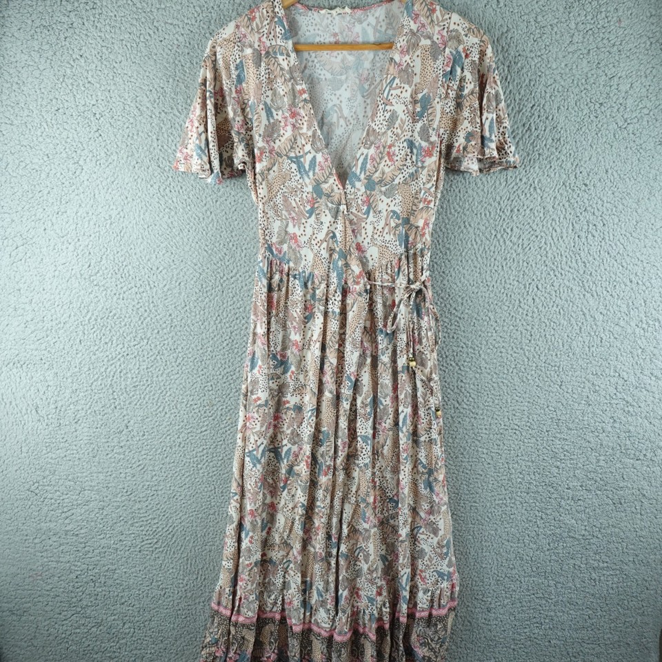Iris Maxi Womens Dress 8 Beige Fit & Flare Midi Short Sleeve Festival Boho
