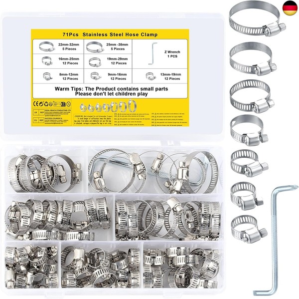 71 StüCke Schlauchschellen Set, Edelstahl Einstellbare Rohrschellen8-38Mm,-image