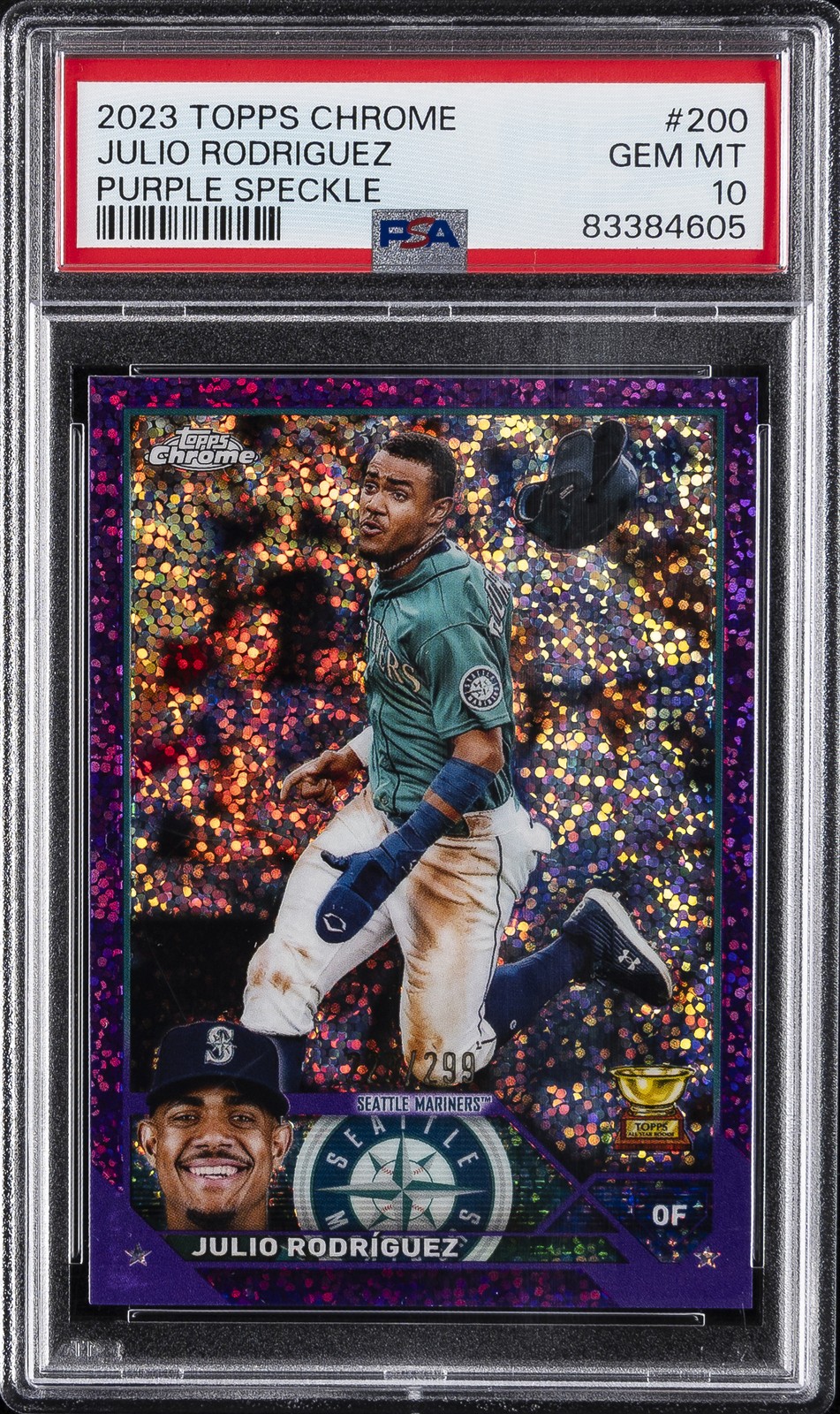 2023 TOPPS CHROME PURPLE SPECKLE REFRACTOR #200 JULIO RODRIGUEZ 223/299 PSA 10