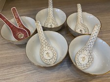 Vintage Chinese rice / soup bowls and spoons White & Gold. Long life and prosper