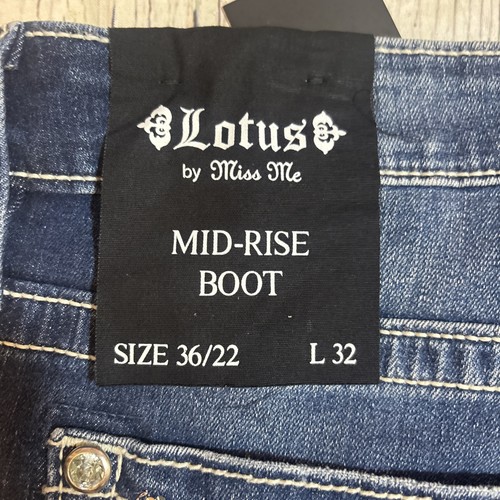Neu mit Etikett Lotus by Miss Me dunkelblaue Bootcut-Jeans mit verzierten Taschen - Größe 36/22 - Bild 9 von 10