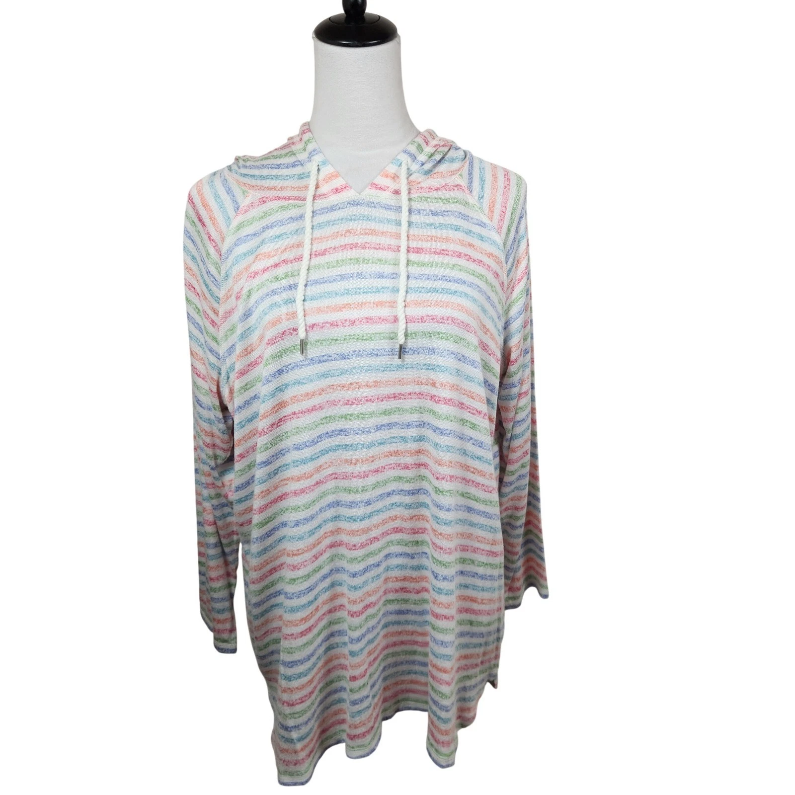 T by Talbots Womens 1X Multicolor Striped Knit Hoodie Pullover Rayon Blend