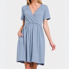 Zenana Surplice Short Sleeve Brushed DTY Dress Blue Size M Cottagecore Spring