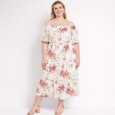 Lane Bryant Plus Size 22 Dress Floral Puff Sleeve Off Shoulder Midi Smocked Pink