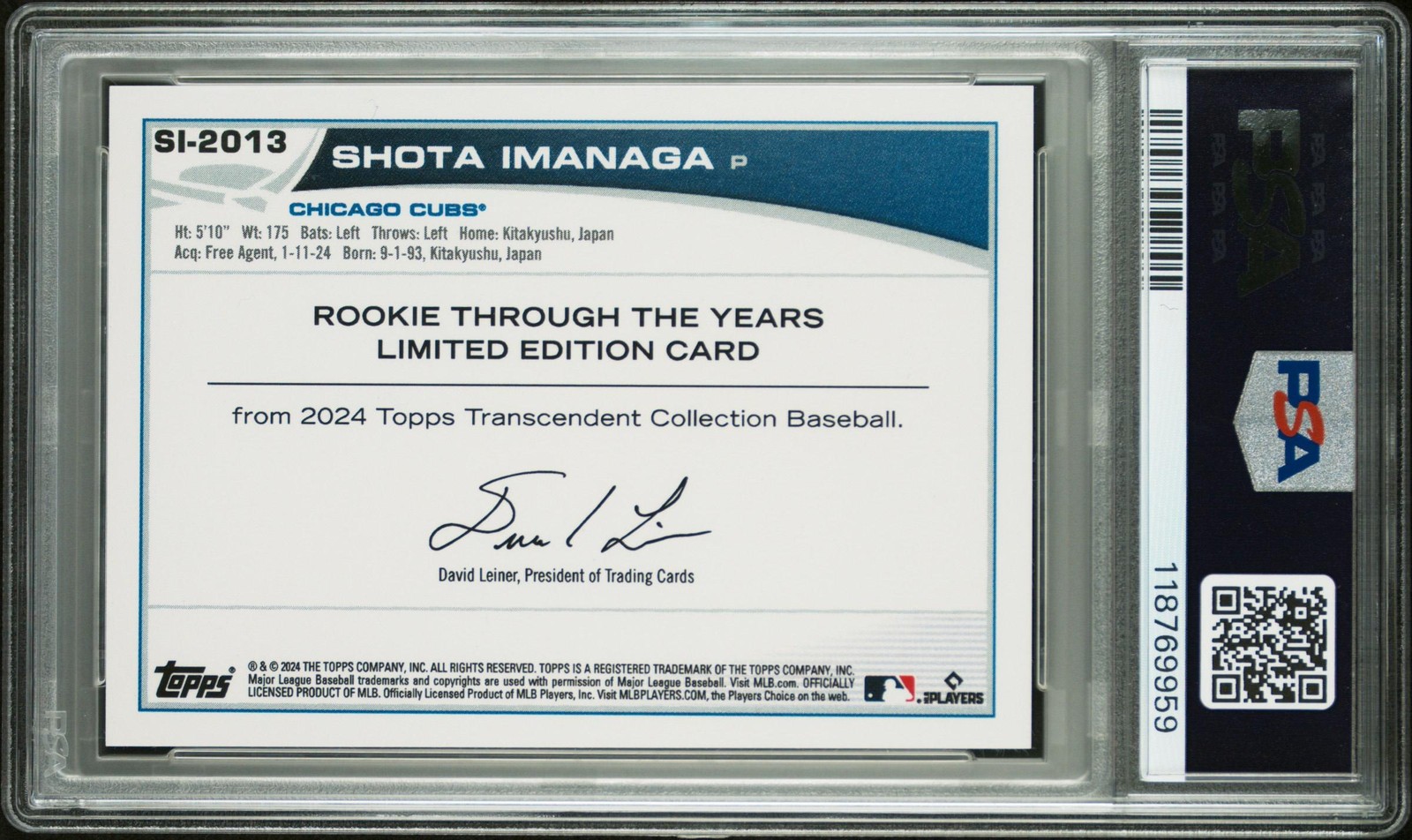 Shota Imanaga 2024 Topps Transcendent VIP Rookie Through The Years #/100 PSA 9