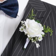 White Rose Flower Boutonniere for Men Groom Wedding Prom Suit Decoration