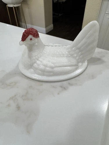Vintage Westmoreland Milk Glass Hen On Nest Red Crown TOP ONLY