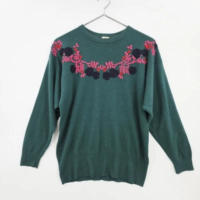 Vintage Mondi bestickter Pullover Lammwolle Angora Mix Gr. 42 grün bunt  - Bild 1 von 4