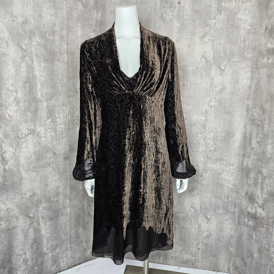 Vestido Elie Tahari Marrón Burnout Terciopelo Mezcla Seda Mujer M Boho Gótico Cóctel Foto 2 de 4
