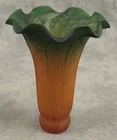 VTG Lily Flower Trumpet ART GLASS SHADE Green to Amber SATIN Tiffany Style NOS