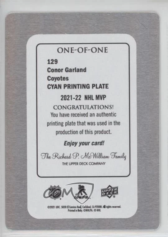 2021-22 Upper Deck MVP Printing Plate Cyan 1/1 Conor Garland #129 0o5t - Image 2 of 3